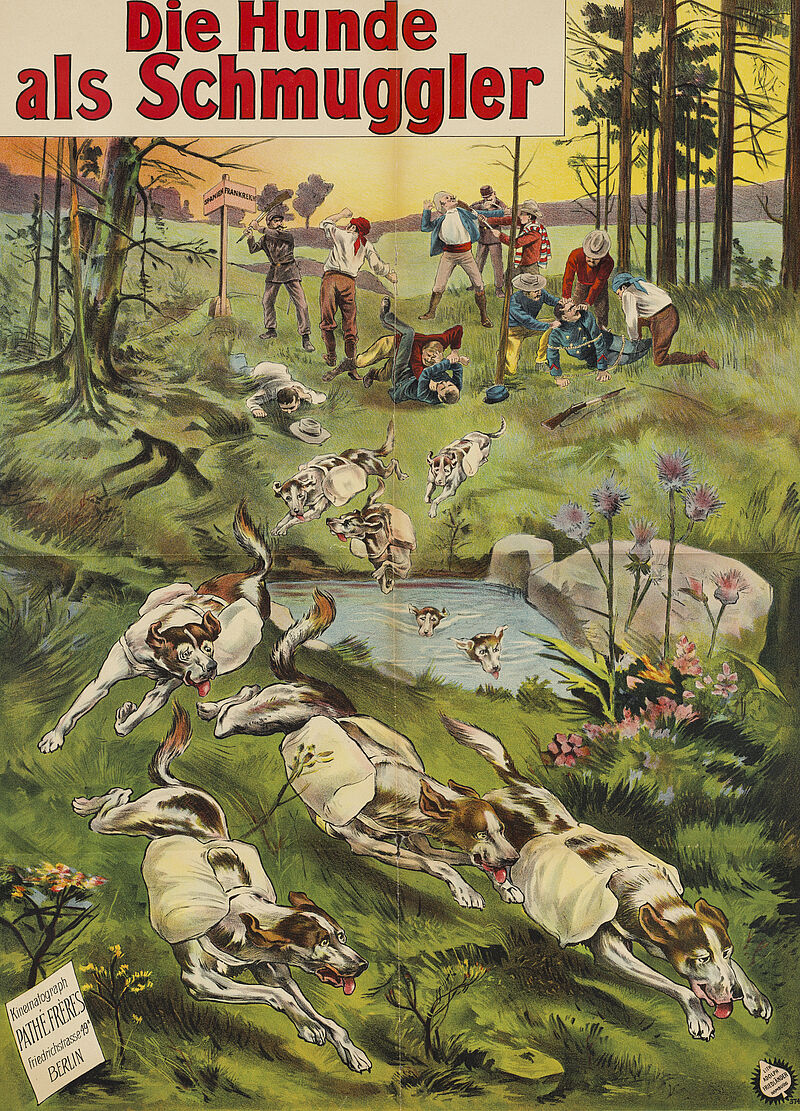 Fa. Lith. Adolph Friedländer, "Die Hunde als Schmuggler" – "Kinematograph Pathé Frères – Friedrichstrasse 49 A Berlin" (Originaltitel), um 1906