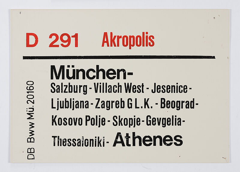 Zuglaufschild D-290/291 Akropolis München–Athen, 1967-1991