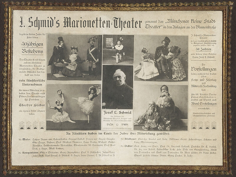 Münchner Marionettentheater, Henry Traut, Georg Pettendorfer, Foto "Werbetafel zum 50. Theaterjubiläum", 1908
