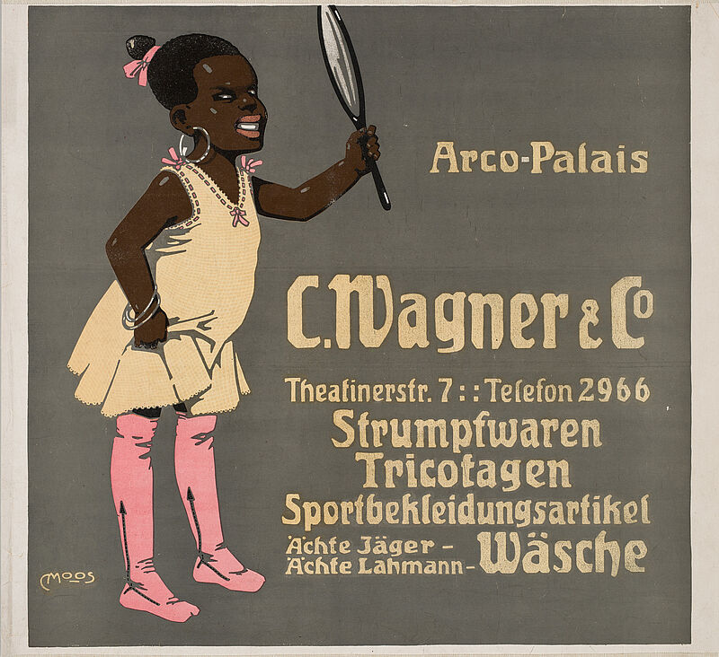 Carl Moos, „C. Wagner & Co. / Strumpfwaren Tricotagen Sportberkleidungsartikel / Arco-Palais“ (Originaltitel), um 1910
