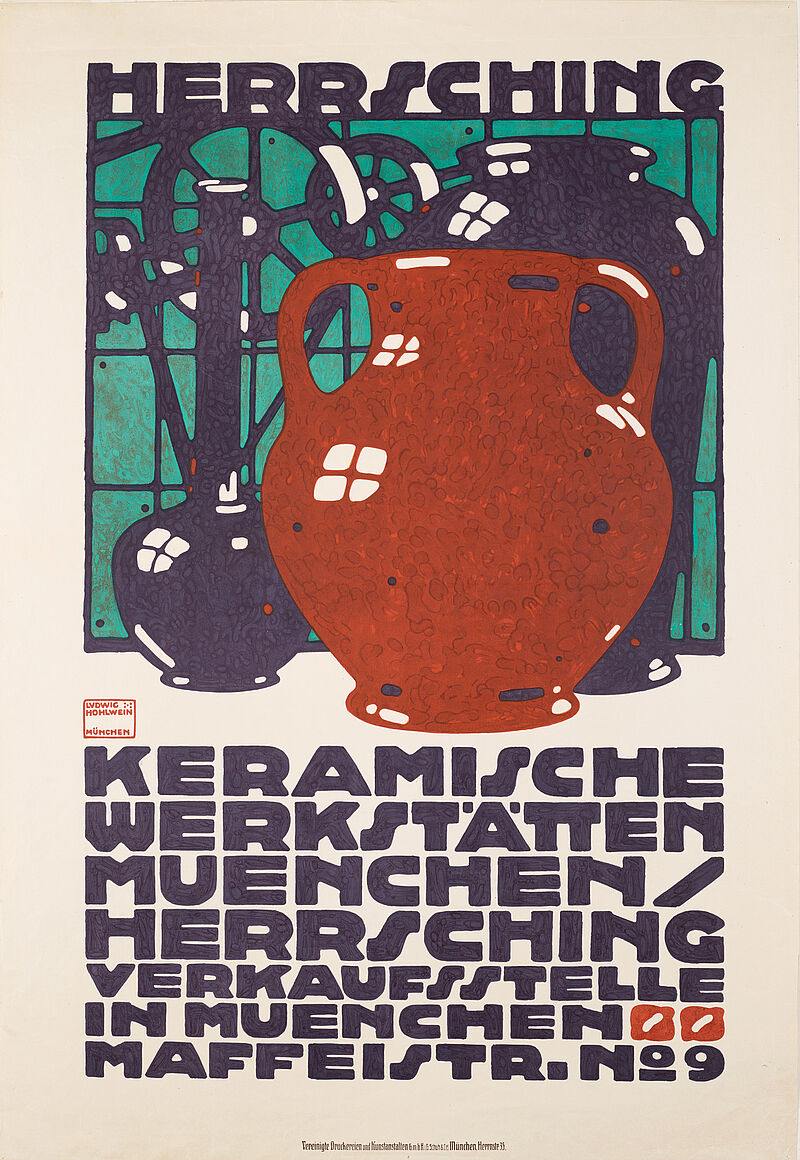 Ludwig Hohlwein, „HERRSCHING / KERAMISCHE WERKSTÄTTEN MUENCHEN/HERRSCHING / VERKAUFSSTELLE IN MUENCHEN MAFFEISTR.№9“ (Originaltitel), 1910