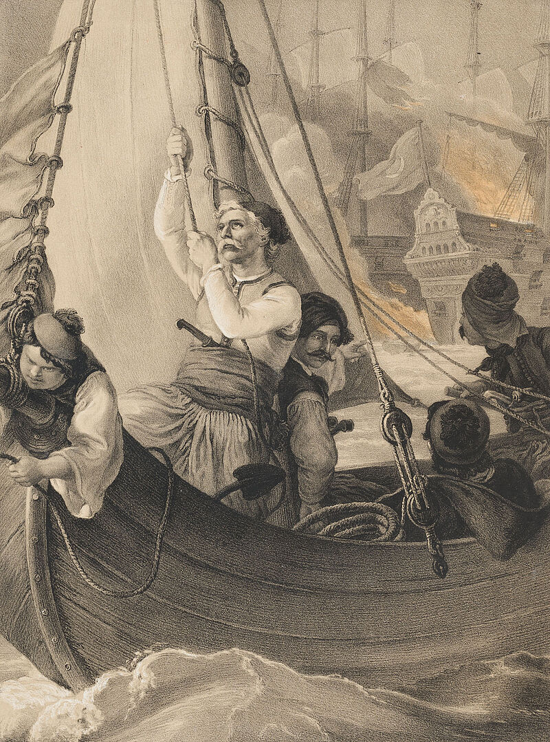 Johann Baptist Kuhn, Peter Hess, K. Kanaris verbrennt bei Tschesme drei türkische Linienschiffe, um 1845