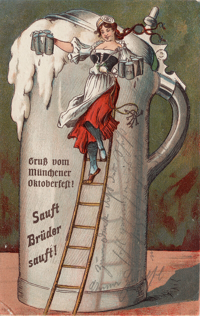 Postkarte "Sauft Brüder sauft! Gruß vom Münchener Oktoberfest!", um 1910