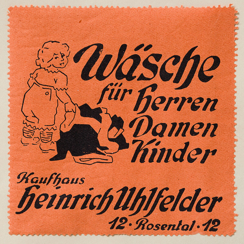 Heinrich Uhlfelder GmbH München Rosental 12, Reklamemarke "Wäsche für Herren Damen Kinder" des Kaufhauses Heinrich Uhlfelder, um 1925