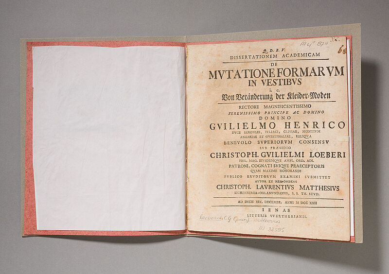 Christophorus Laurentius Matthesius, Dissertationem academicam : de mutatione formarum in vestibus, i.e. Von Veränderung der Kleider-Moden, 1722