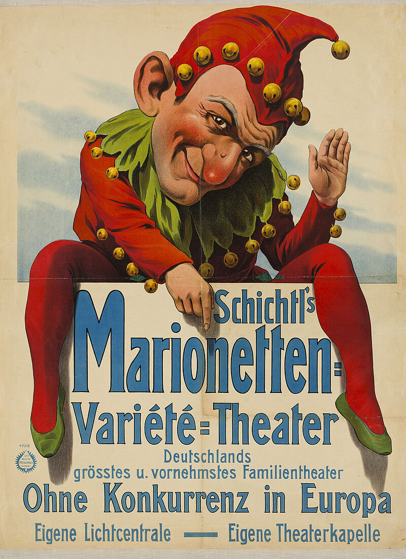 Fa. Lith. Adolph Friedländer, "Schichtl's Marionetten-Varieté-Theater - Deutschlands grösstes und vornehmstes Familientheater - Ohne Konkurrenz in Europa - Eigene Lichtcentrale - Eigene Theaterkapelle" (Originaltitel), um 1908