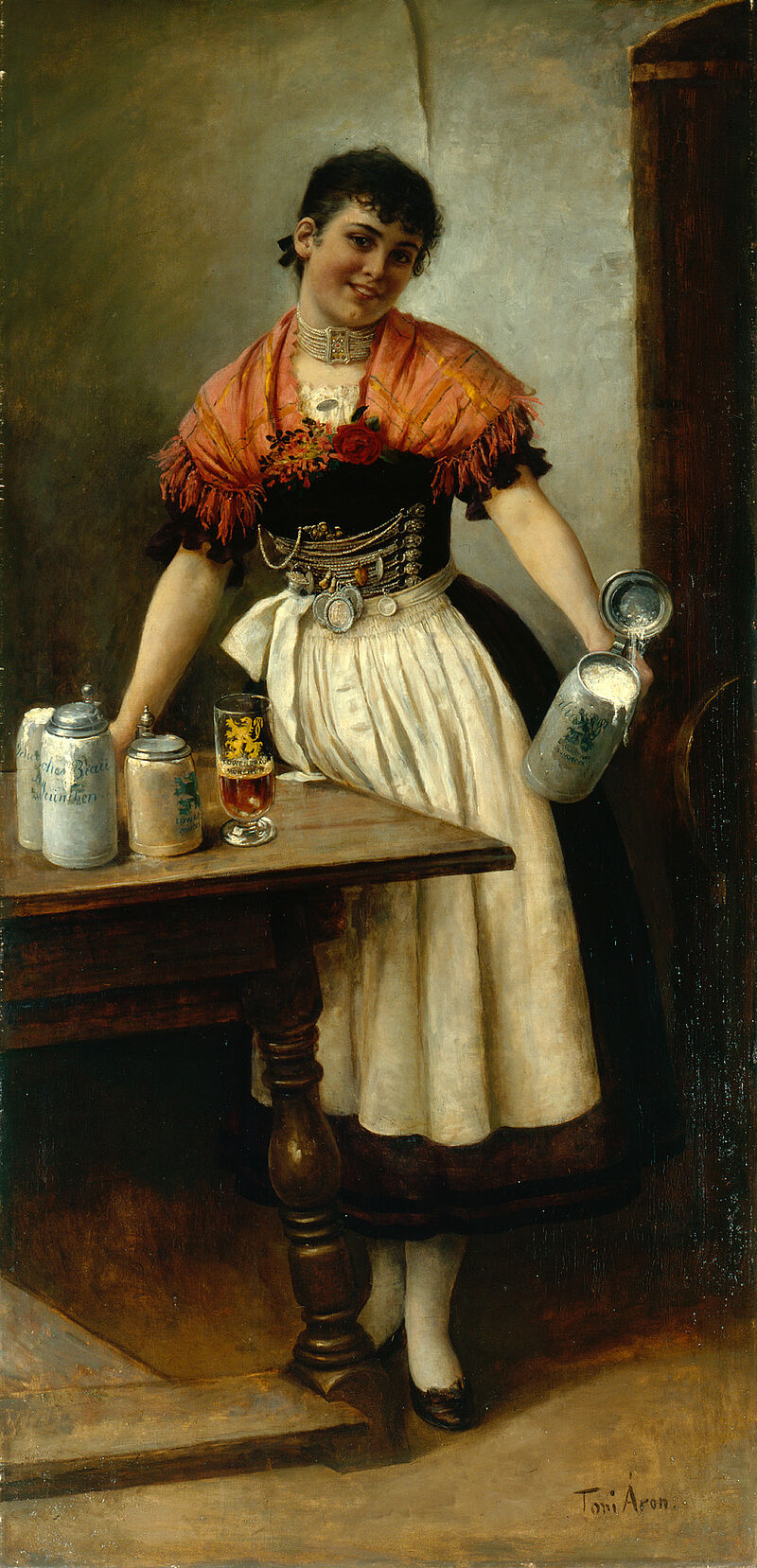 Toni Aron, Kellnerin in alter Münchner Tracht, genannt „Die schöne Coletta“, um 1880