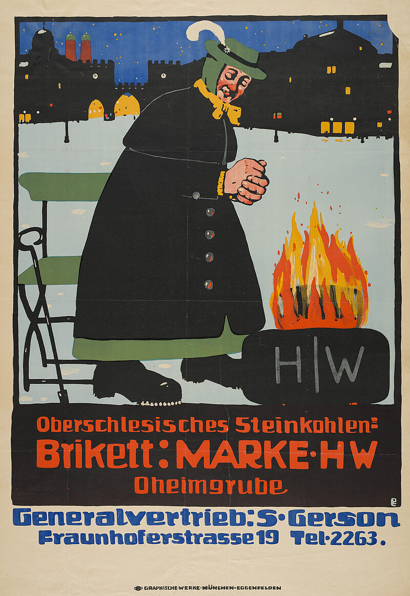 Emil Pirchan, „Oberschlesisches Steinkohlen / Brikett: MARKE·HW / Oheimgrube / Generalvertrieb: S·Gerson / Fraunhoferstrasse 19 [München]“ (Originaltitel), um 1910