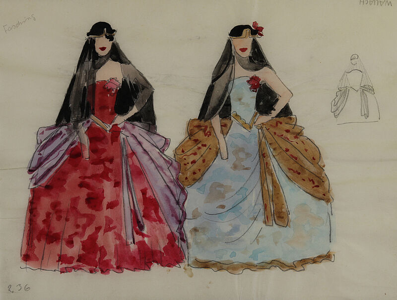 August Lüdecke, Zwei Frauen in Faschingskostüm: (links) rot-gemustertes Kleid mit weitem Rock und schwarzem Schleier; (rechts) hellblau-gemustertes Kleid mit weitem Rock und schwarzem Schleier, 02.1936
