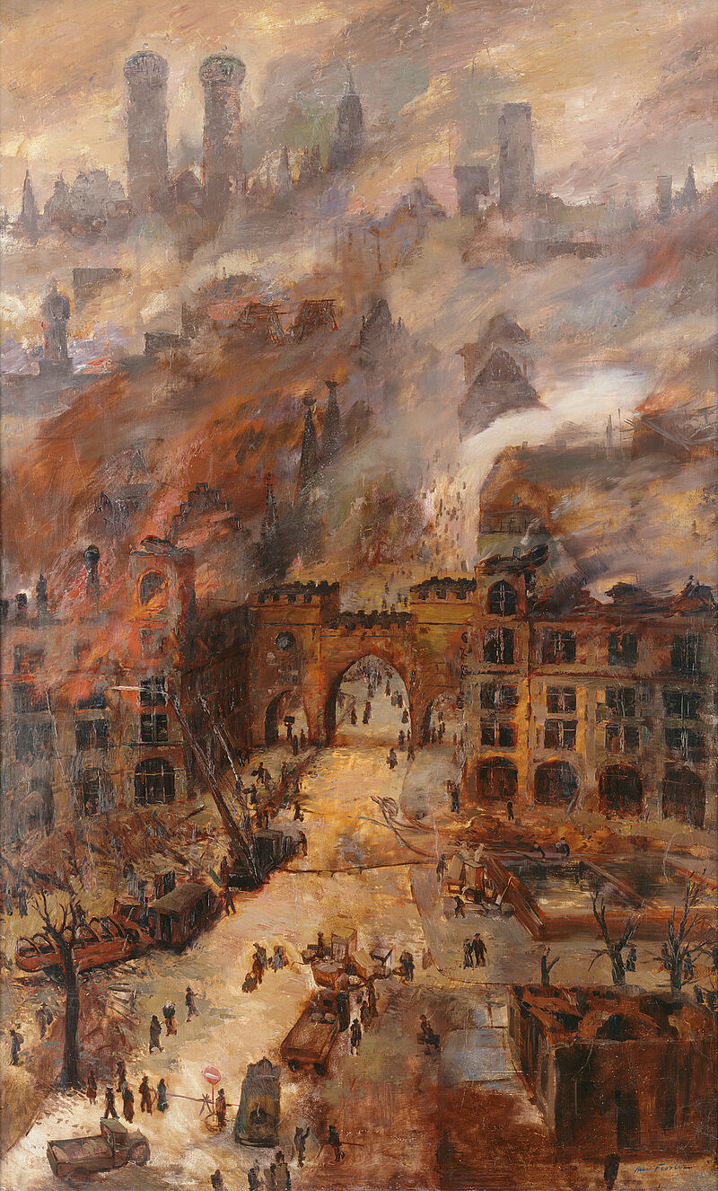 Albert Fessler, Das brennende Karlstor-Rondell nach einem Bombenangriff, 1944