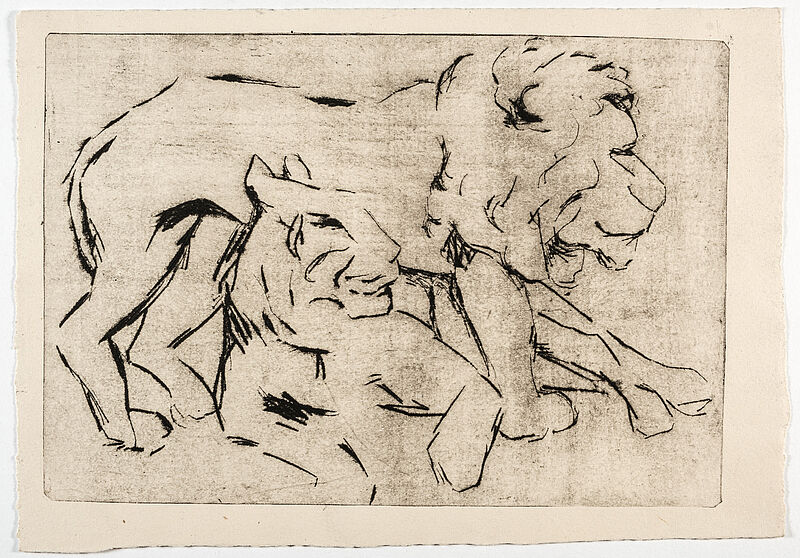 Maria Luiko, Vorderseite: Löwen, Rückseite: Dorfszene (abgeschnitten), um 1935