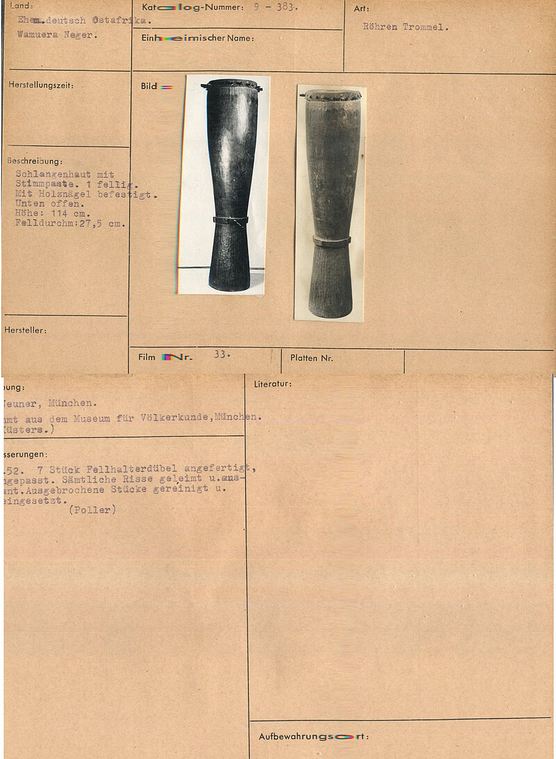 Pangwa, Mwera, Einfellige Doppelkonustrommel mit Nagelspannung, vor 1934