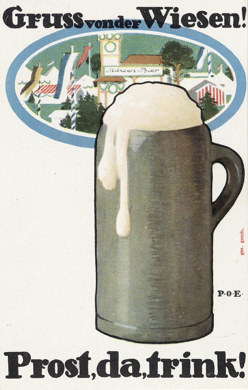 Paul Otto Engelhard, Ottmar Zieher, Postkarte „Gruss von der Wiesen! Prost, da, trink!“, um 1910