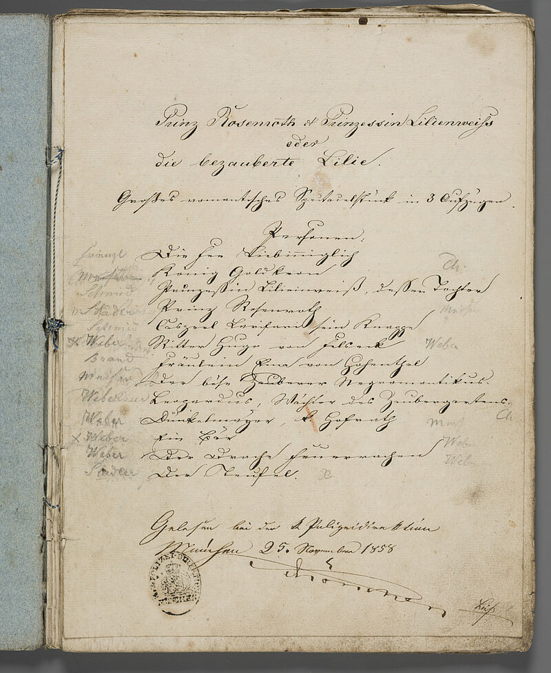 Josef Leonhard Schmid, Franz von Pocci, Münchner Marionettentheater, Textbuch zu "Prinz Rosenroth und Prinzessin Lilienweiss oder Die bezauberte Lilie", 1858